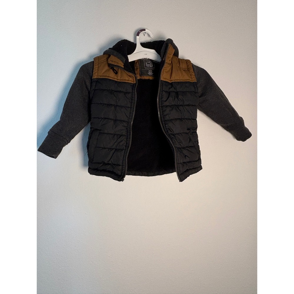 Distortion Boys Puffer‎ Jacket Hooded Sherpa Lined Black Brown Grey Size 4